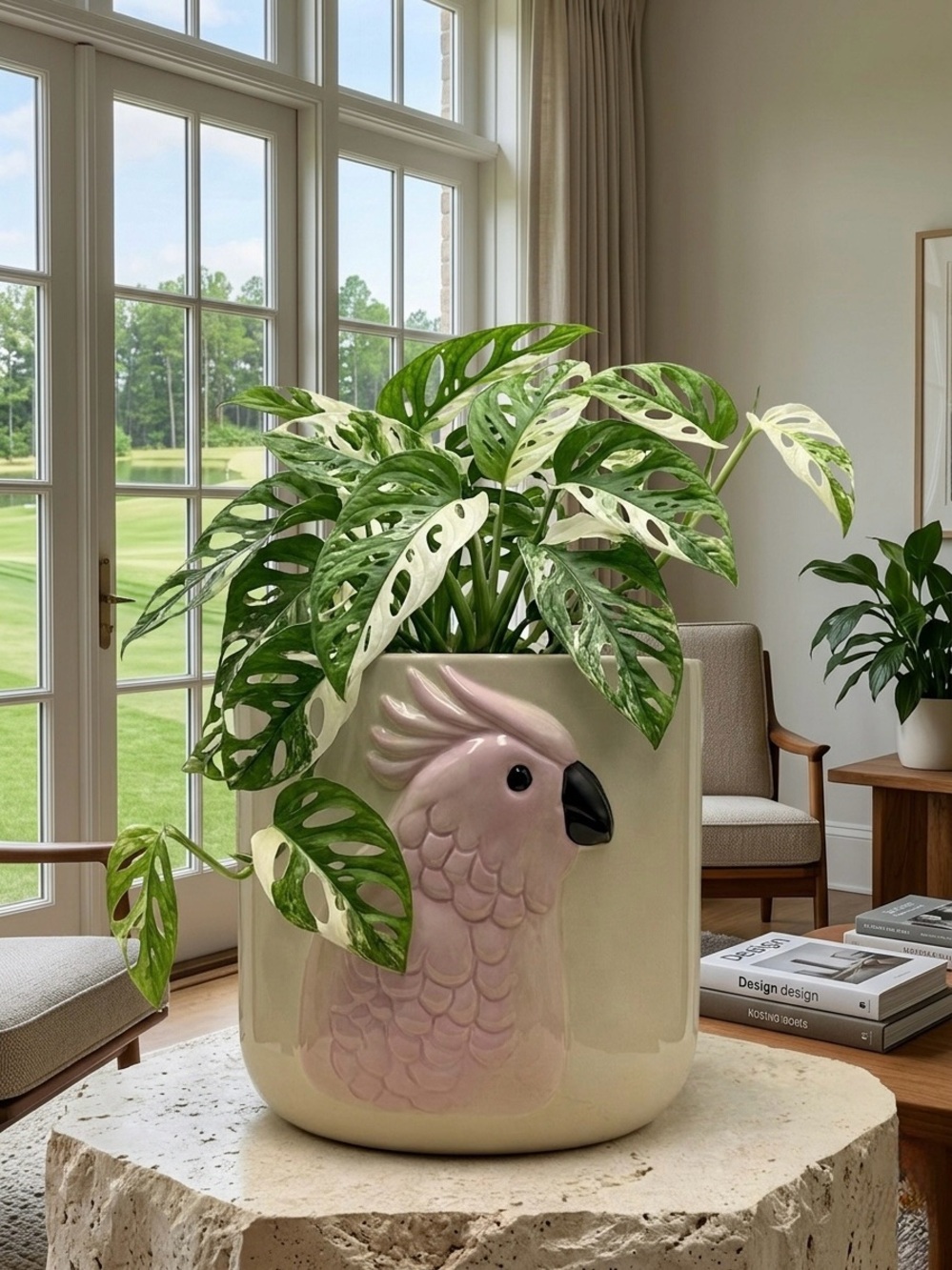 Pink Cockatoo Ceramic Planter - Large 7 Inch Tropical Bird Flower Pot